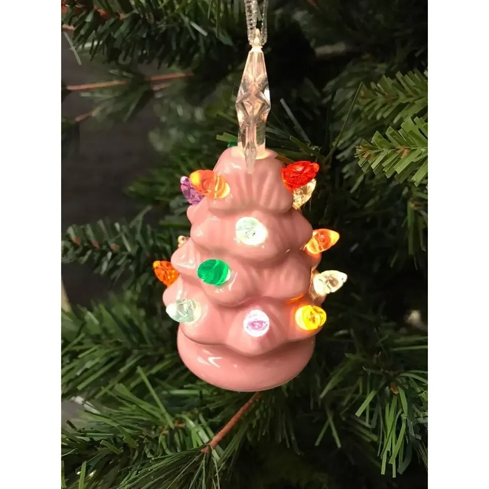 Pink‎ Christmas Tree LED Light Up Ornament -Clear Star Topper Nostalgic